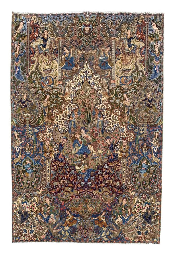 Authentic Hand Knotted Vintage Kashmour Hunting Pictorial Wool Area Rug 12.8x 9.8 Ft