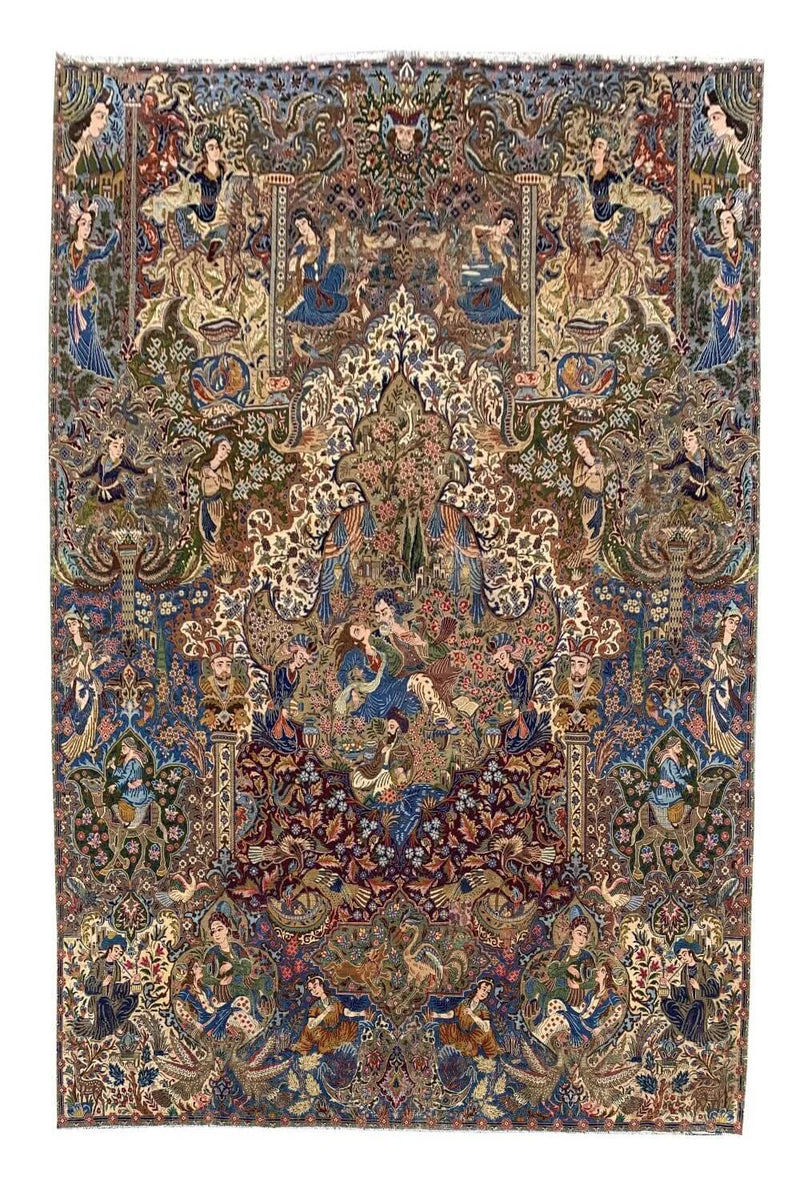 Authentic Hand Knotted Vintage Kashmour Hunting Pictorial Wool Area Rug 12.8x 9.8 Ft