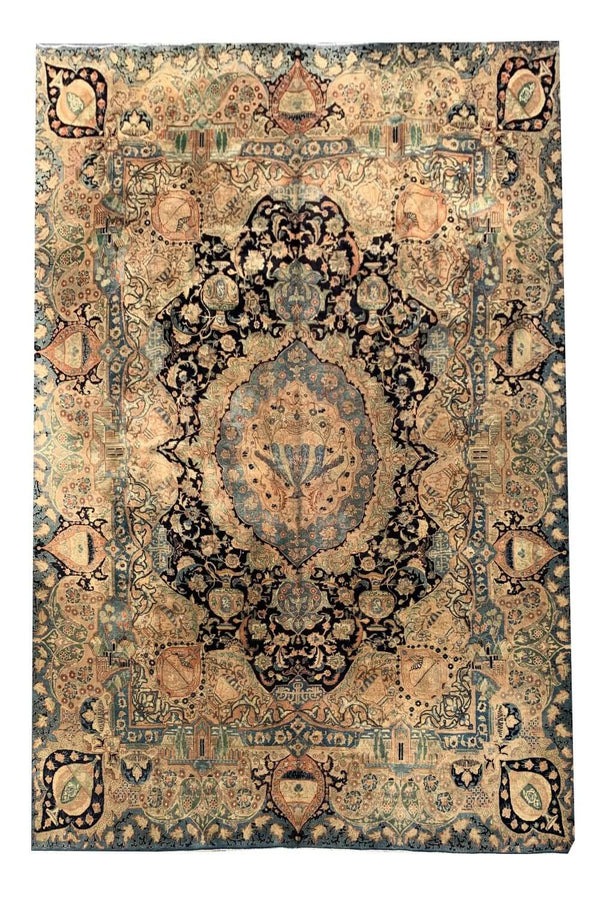 Authentic Hand Knotted Antique Kashmour Pictorial Wool Area Rug 12.7 x 9.7 Ft