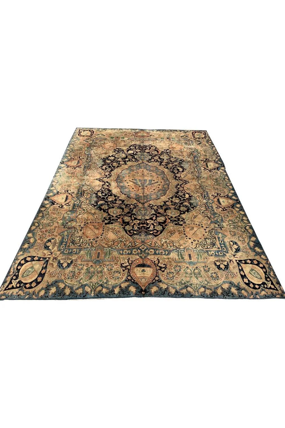 Authentic Hand Knotted Antique Kashmour Pictorial Wool Area Rug 12.7 x 9.7 Ft