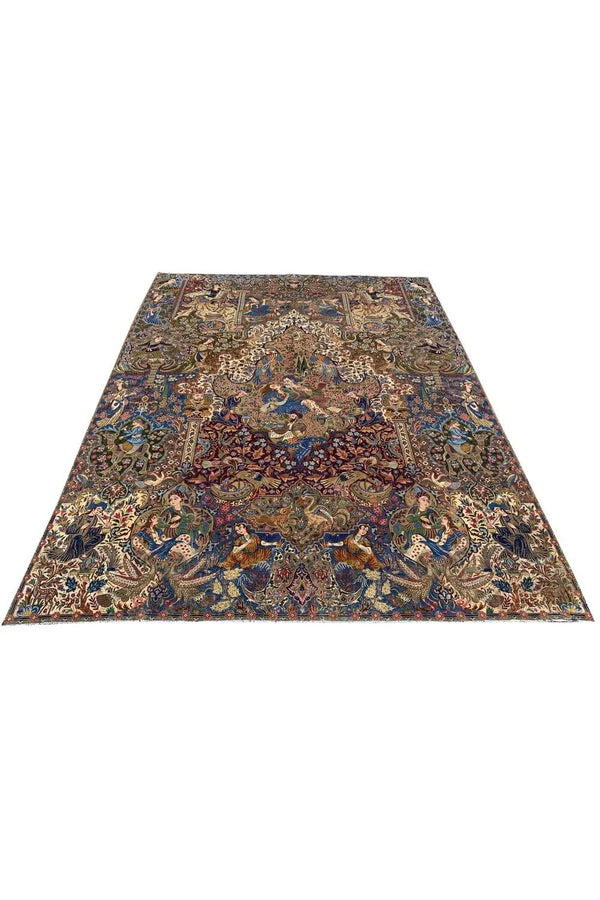 Authentic Hand Knotted Vintage Kashmour Hunting Pictorial Wool Area Rug 12.8x 9.8 Ft