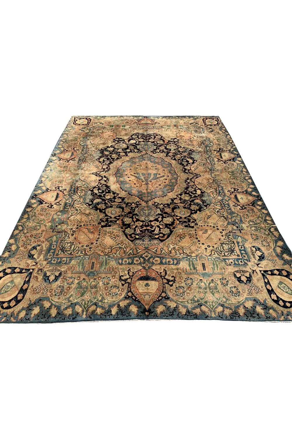 Authentic Hand Knotted Antique Kashmour Pictorial Wool Area Rug 12.7 x 9.7 Ft