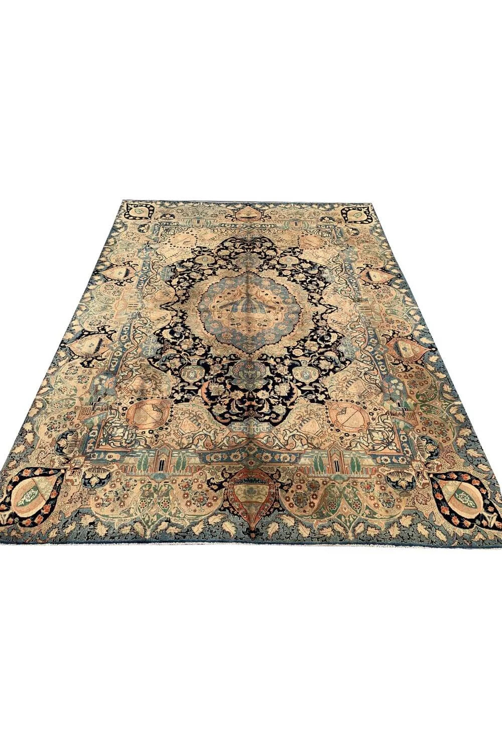 Authentic Hand Knotted Antique Kashmour Pictorial Wool Area Rug 12.7 x 9.7 Ft