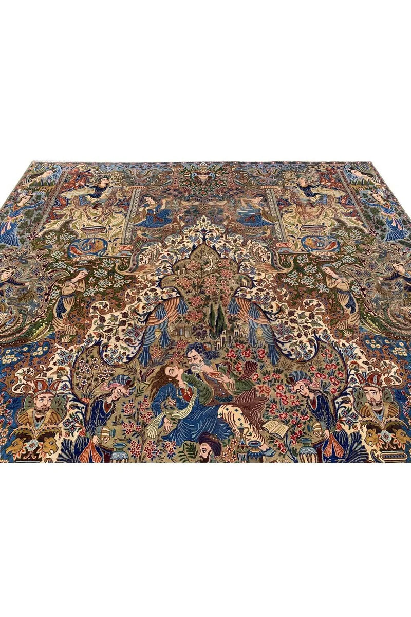 Authentic Hand Knotted Vintage Kashmour Hunting Pictorial Wool Area Rug 12.8x 9.8 Ft