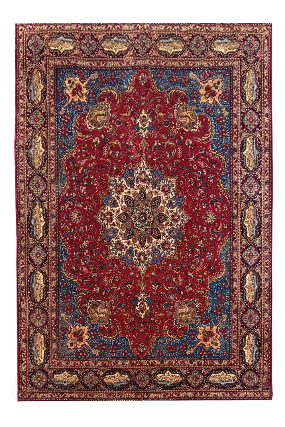 Authentic Hand Knotted Vintage Tabreez Hunting Pictorial Wool Area Rug 13.4 x 9.10 Ft