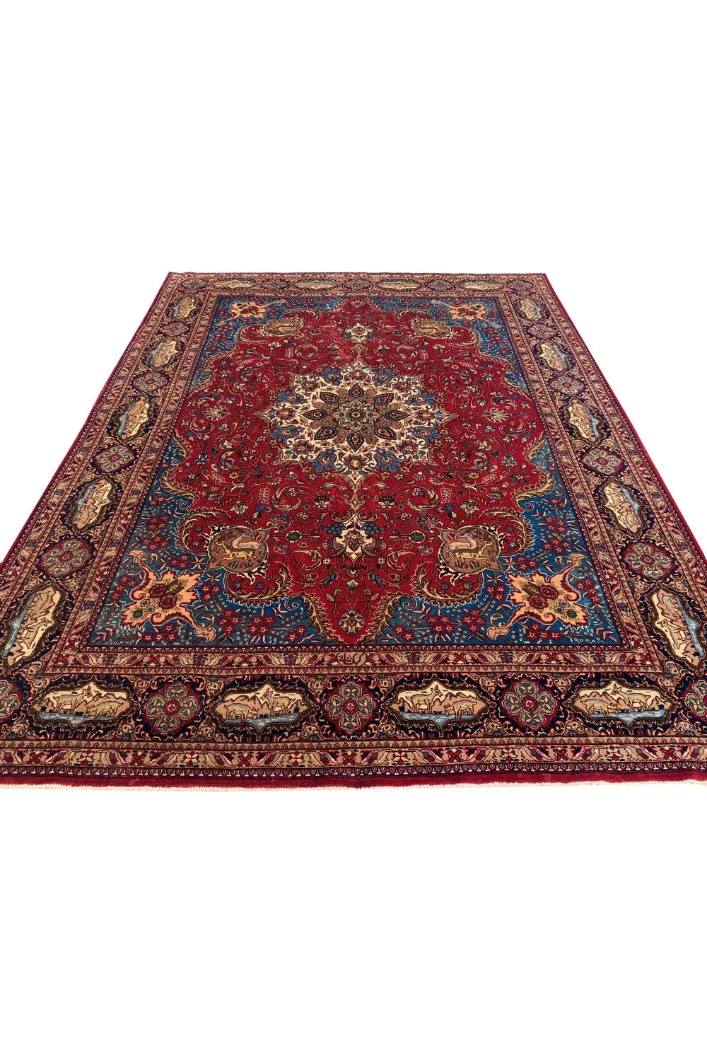 Authentic Hand Knotted Vintage Tabreez Hunting Pictorial Wool Area Rug 13.4 x 9.10 Ft