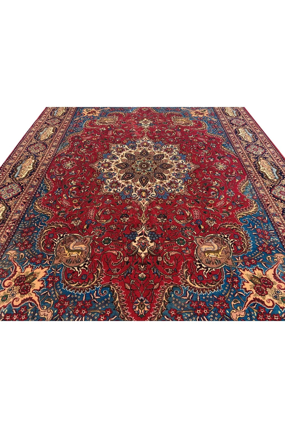 Authentic Hand Knotted Vintage Tabreez Hunting Pictorial Wool Area Rug 13.4 x 9.10 Ft