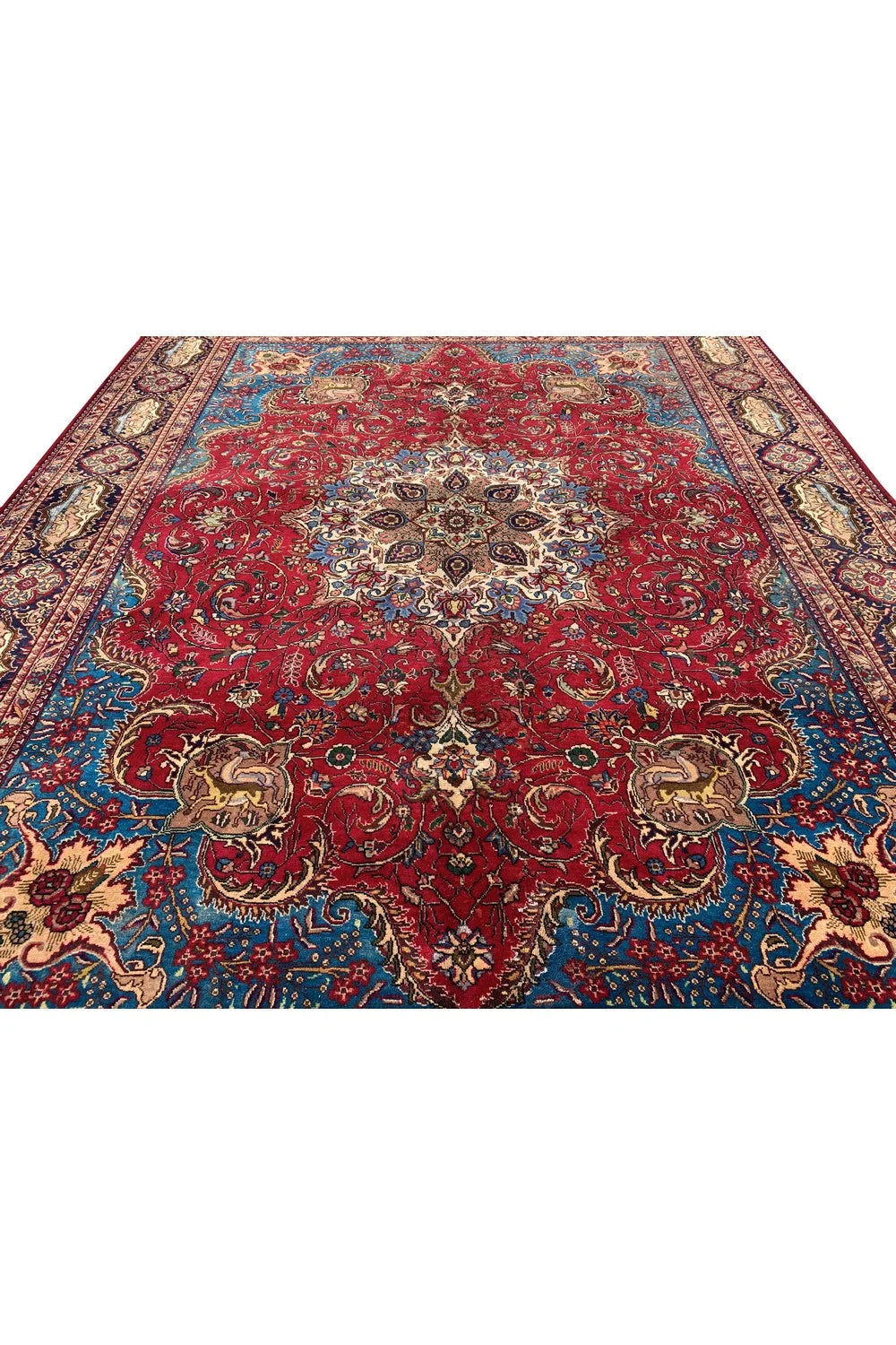 Authentic Hand Knotted Vintage Tabreez Hunting Pictorial Wool Area Rug 13.4 x 9.10 Ft