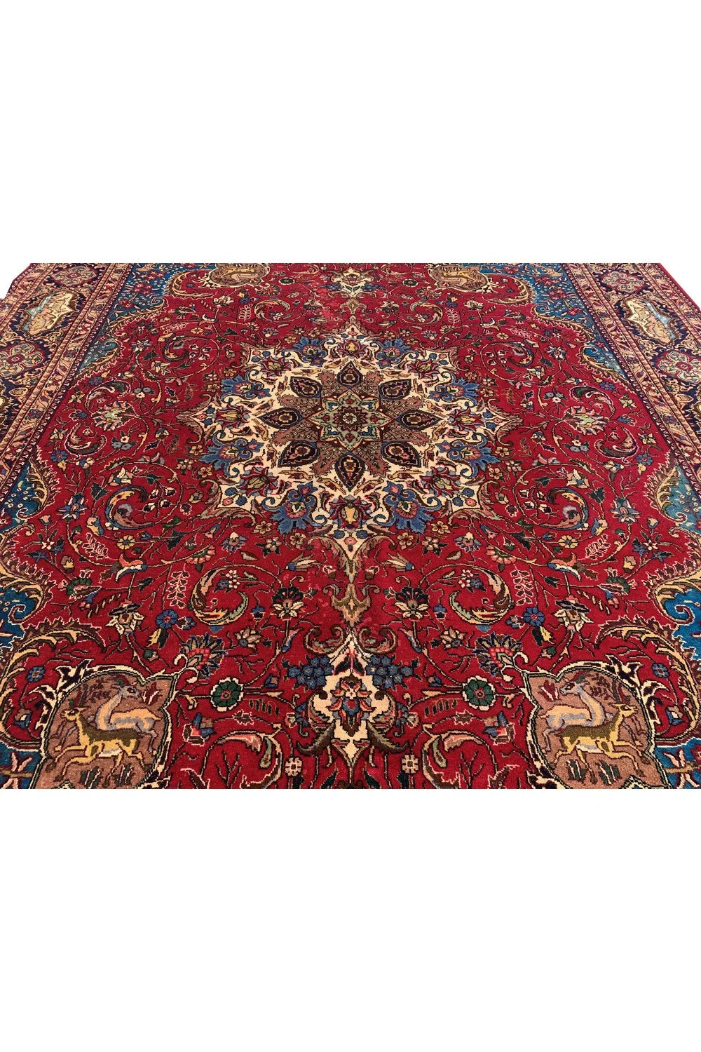 Authentic Hand Knotted Vintage Tabreez Hunting Pictorial Wool Area Rug 13.4 x 9.10 Ft