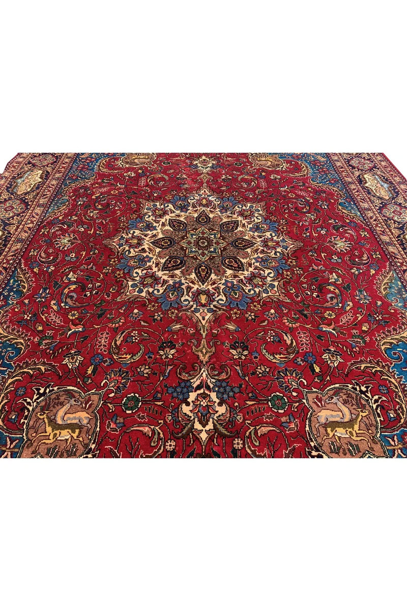 Authentic Hand Knotted Vintage Tabreez Hunting Pictorial Wool Area Rug 13.4 x 9.10 Ft