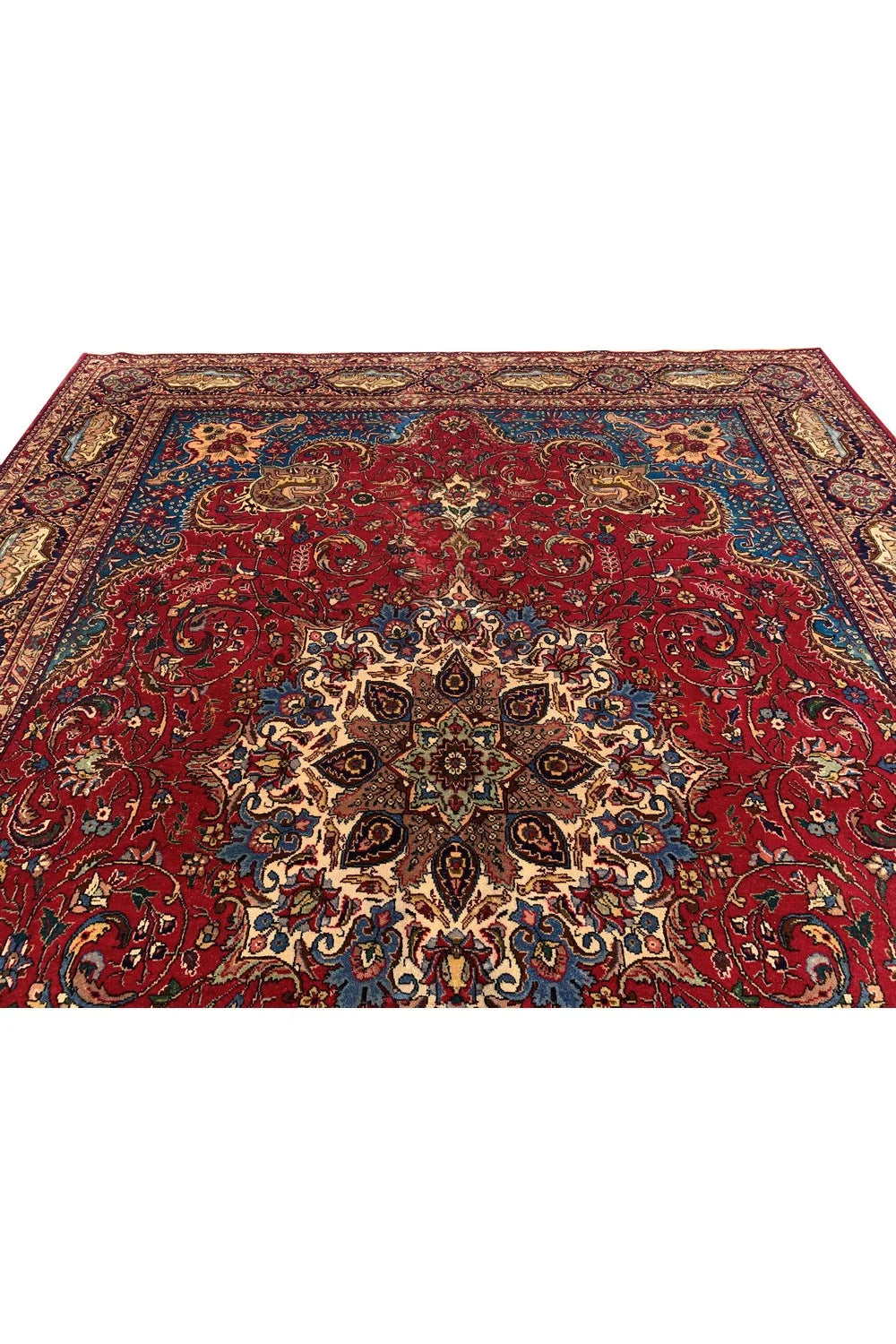 Authentic Hand Knotted Vintage Tabreez Hunting Pictorial Wool Area Rug 13.4 x 9.10 Ft