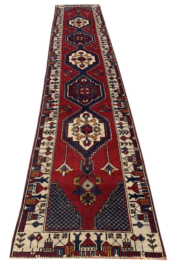 Authentic Hand Knotted Vintage Turkish Wool Area Runner Rug 11.5 x 2.4 Ft