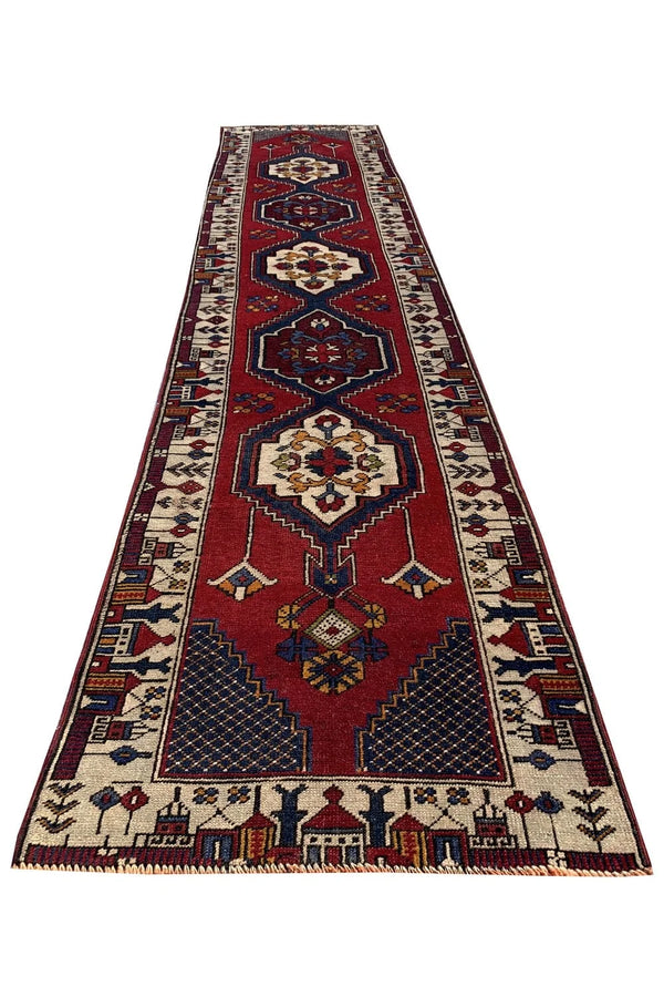 Authentic Hand Knotted Vintage Turkish Wool Area Runner Rug 11.5 x 2.4 Ft