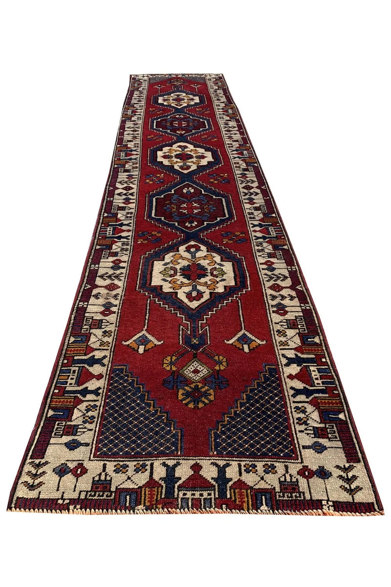 Authentic Hand Knotted Vintage Turkish Wool Area Runner Rug 11.5 x 2.4 Ft