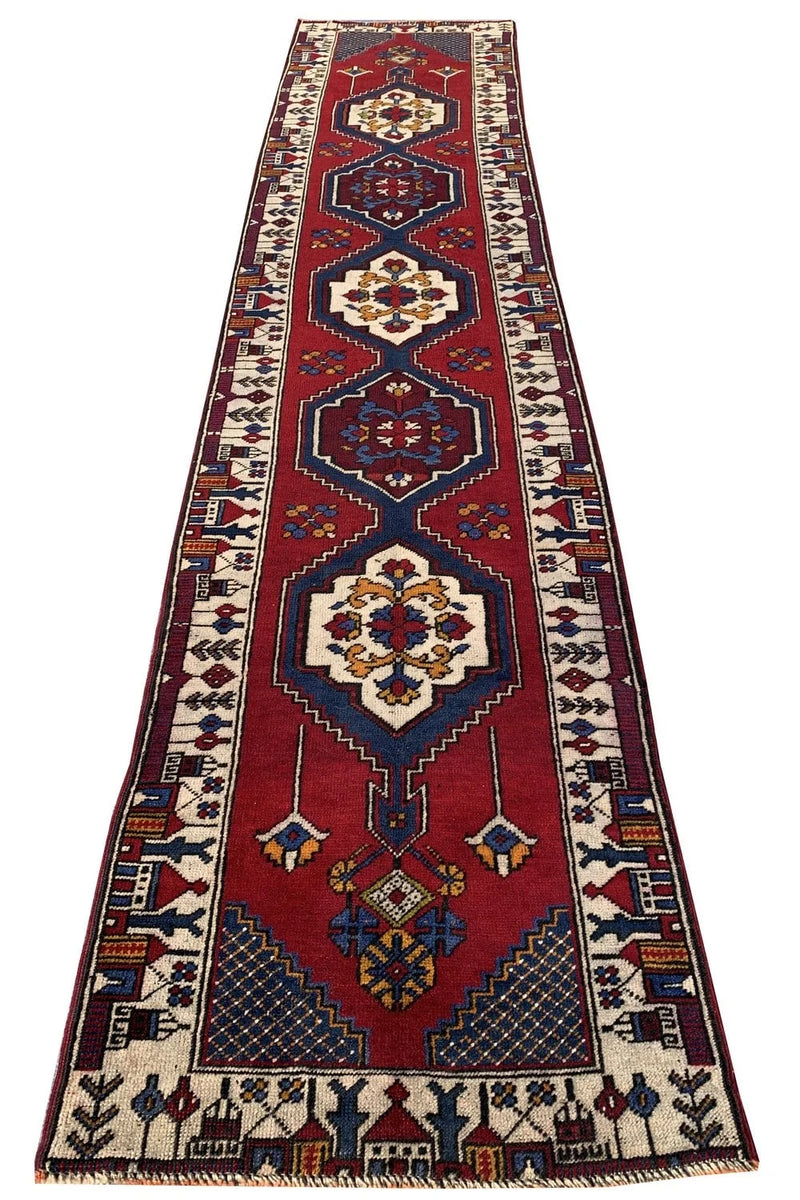 Authentic Hand Knotted Vintage Turkish Wool Area Runner Rug 11.5 x 2.4 Ft